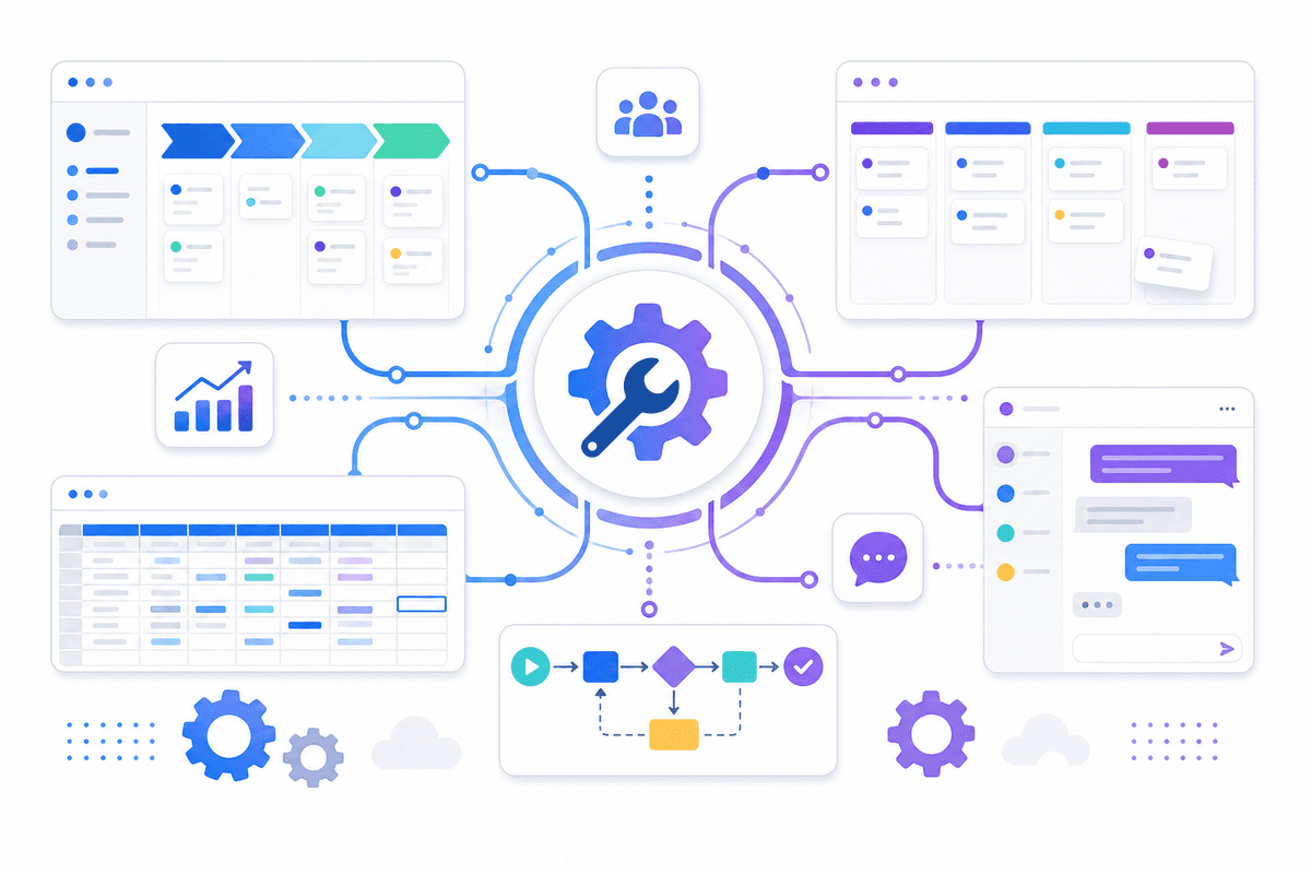 Business software tools connected and configured around a central platform hub