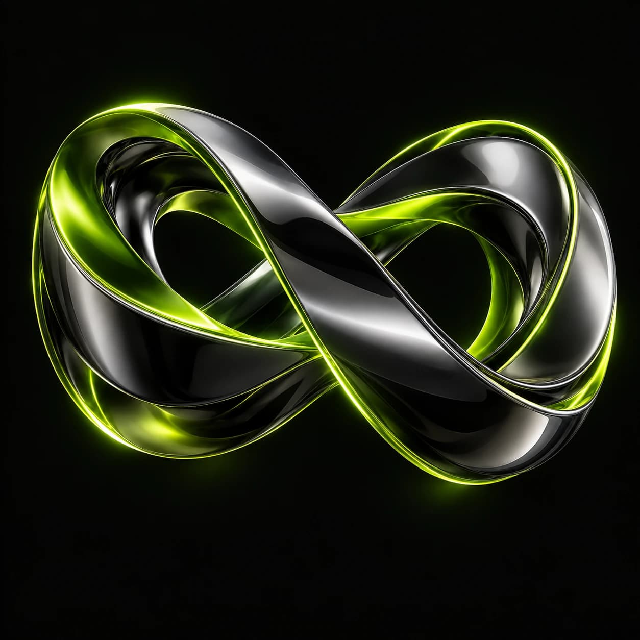 A sculptural chrome loop with luminous lime edges